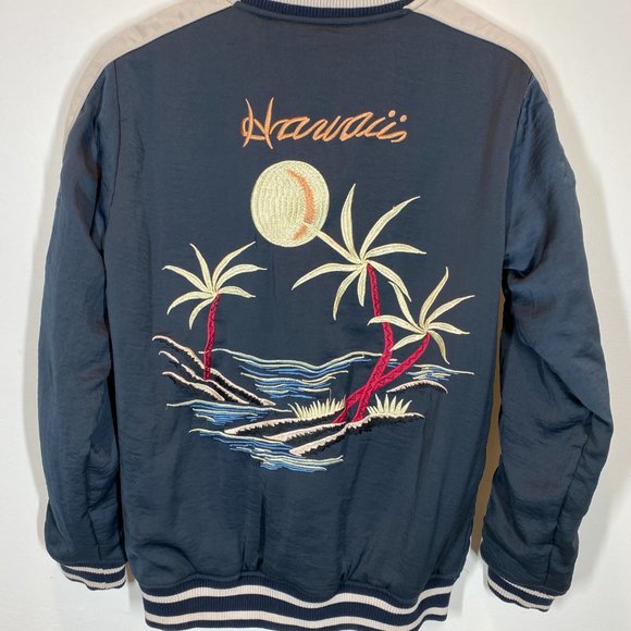 Satin Mai Tai Bomber Jacket by Capulet Hawaii Embroidered Navy & Oyster sz S - Picture 2 of 13